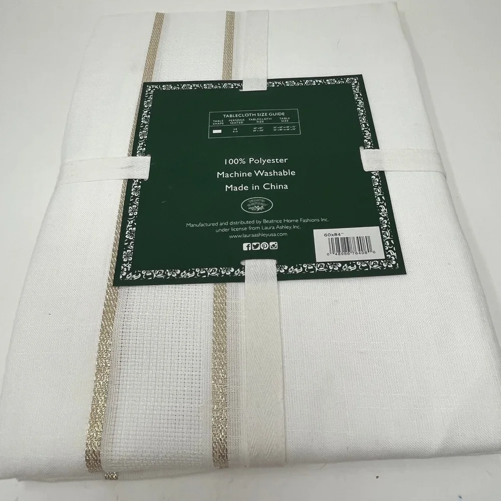 Laura Ashley Lexington Tablecloth White Sparkling Gold Ribbon 60 x 84 Inch New